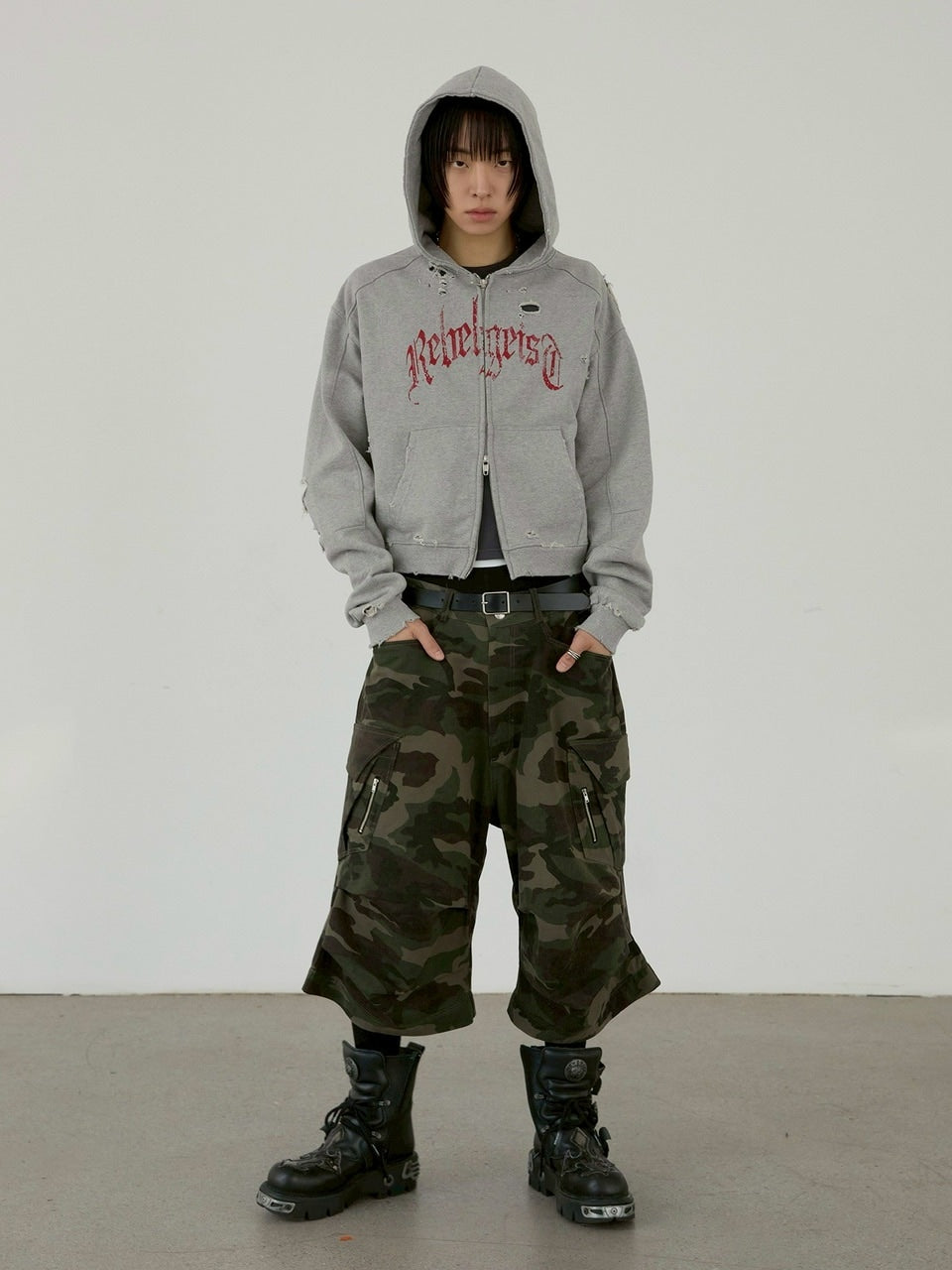 【ANOTHERYOUTH】damaged crop zip-up hoodie