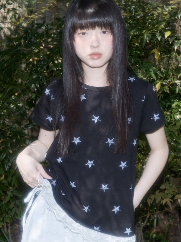 【FANCY CLUB】Lace Star Layered Tee / 【ファンシークラブ】レーススターレイヤード半袖Tシャツ