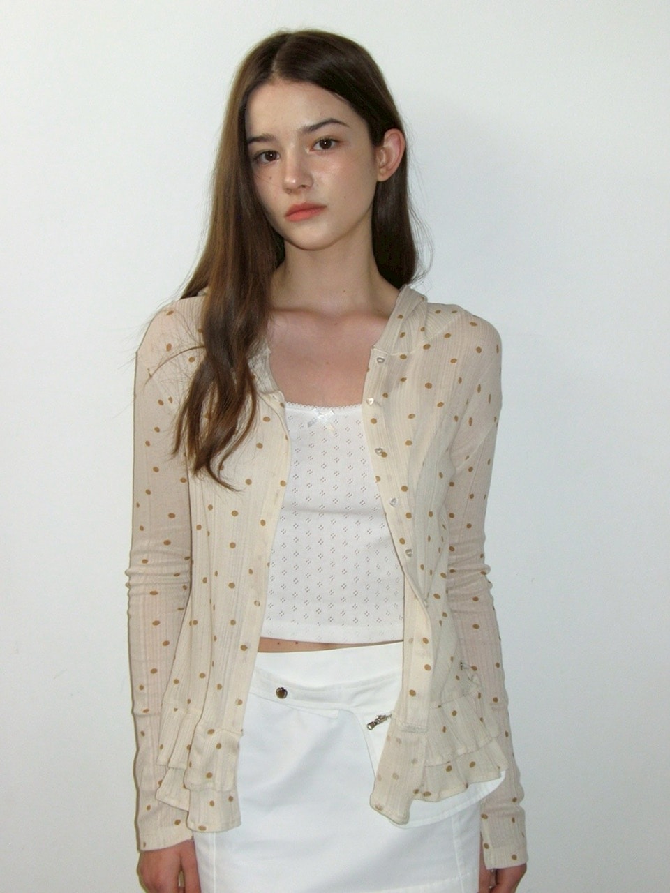 【CRANK】DOT FRILL SHEER HOOD CARDIGAN