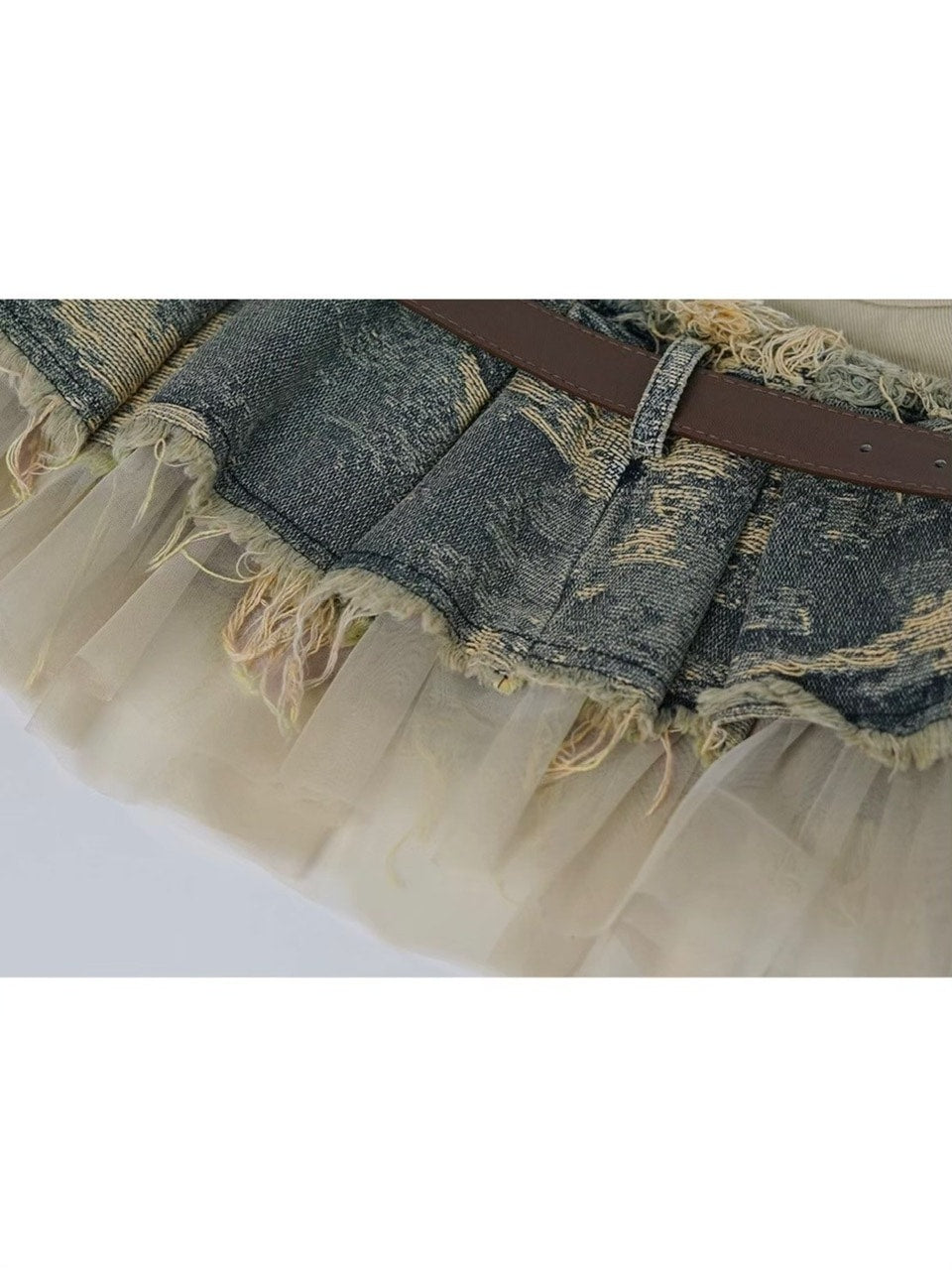 【Cest Nous】Belted Denim Pleated Skirt