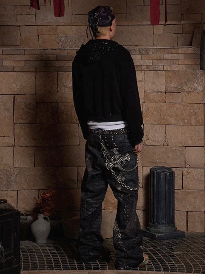 【DND4DES】LEATHER CROSS SPLICING PRINTED JEANS