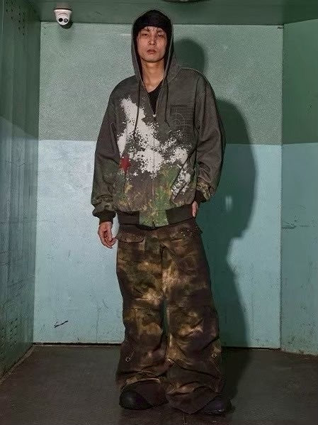 【DND4DES】CAMO DISTRESSED OVERSIZE CARGO PANTS