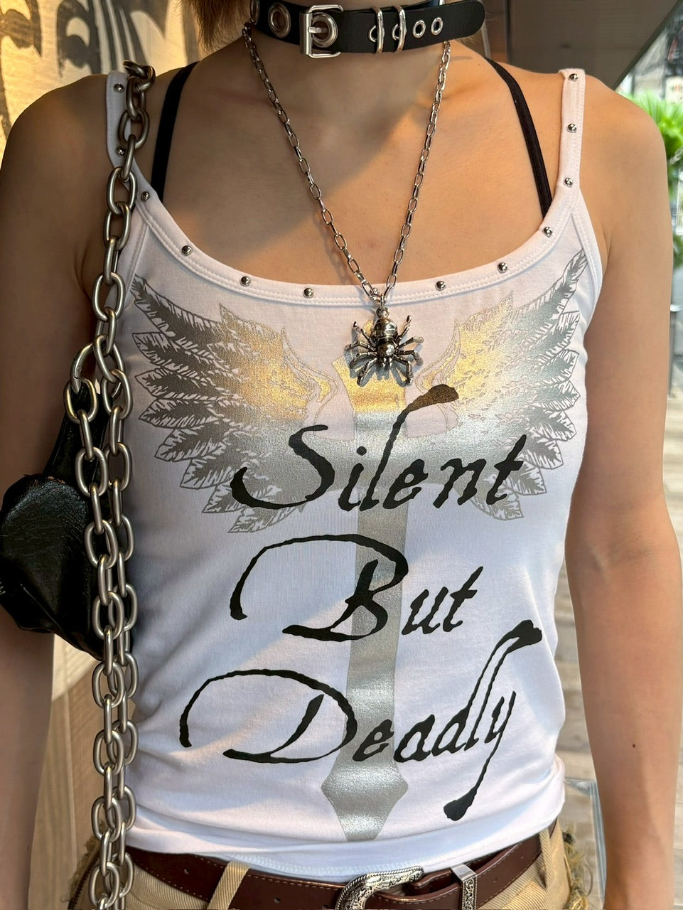 【SETUP‐EXE】CROSS STUDDED SLEEVELESS / 【セットアップエグゼ】クロススタッズキャミソール