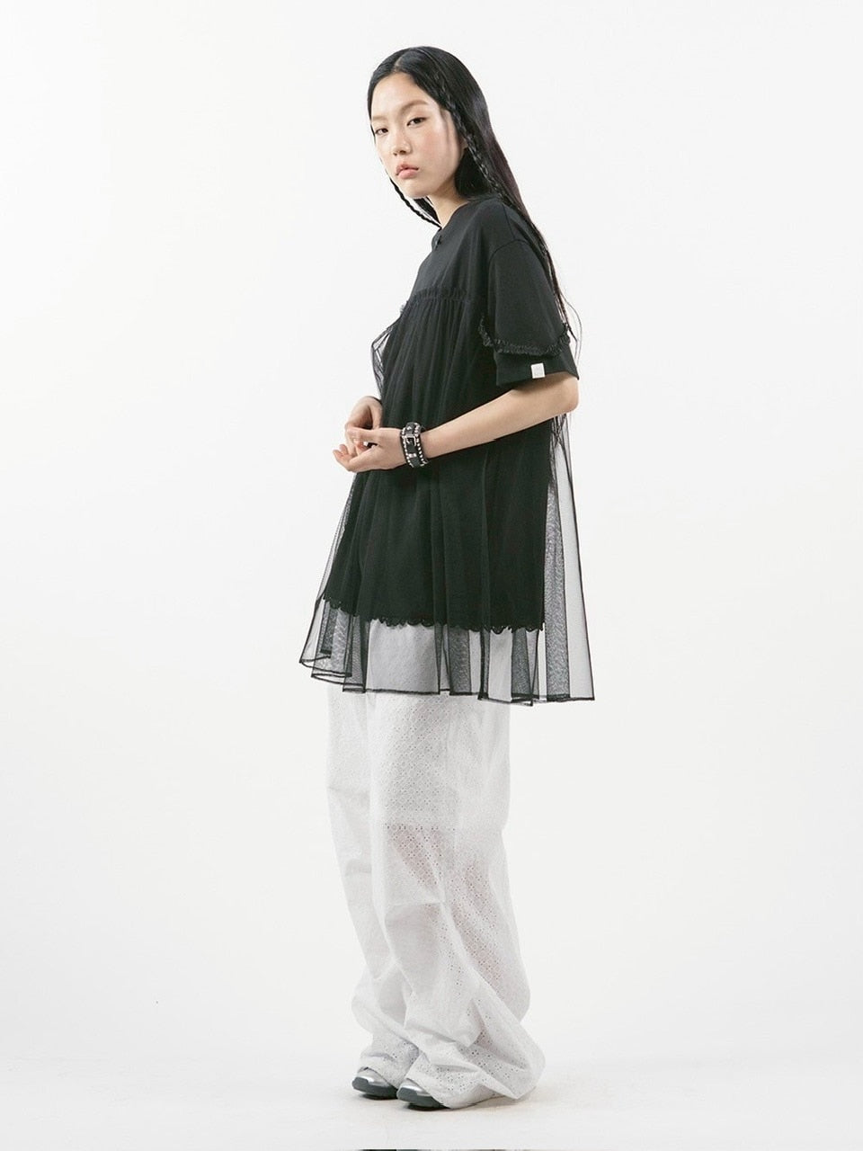 【TUOMIO】MESH LAYERED LACE T-SHIRT / 【トゥオミオ】メッシュレイヤードレース半袖Tシャツ