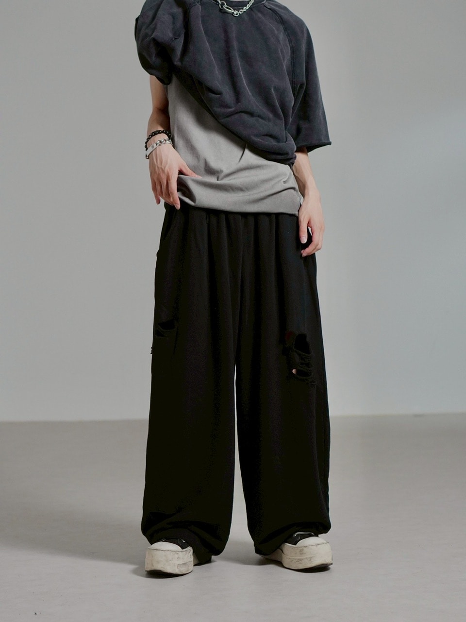 【Chikashitsu +】full length damage sweat pants / 【チカシツプラス】フルレングスダメージスウェットパンツ (3color)