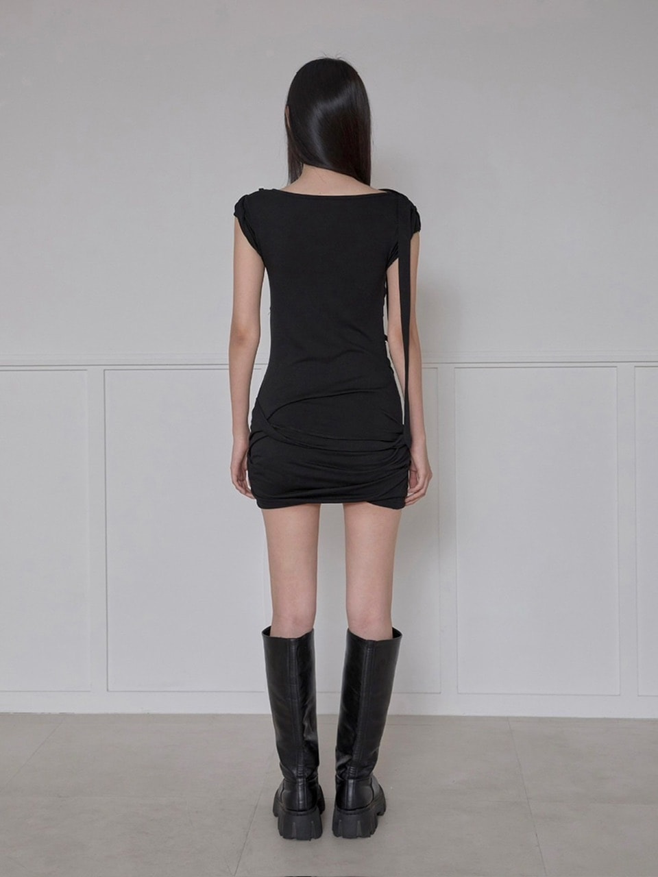 【FLAREUP】Asymmetrical Draped Strap Roll-Up Dress