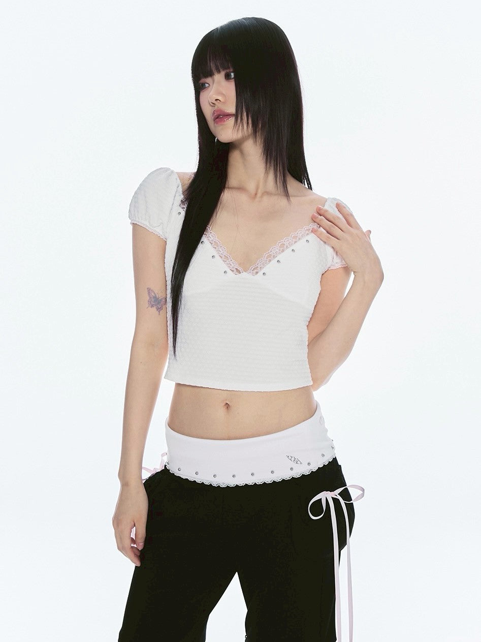 【CHERRYQUIRI】floral lace puff tee