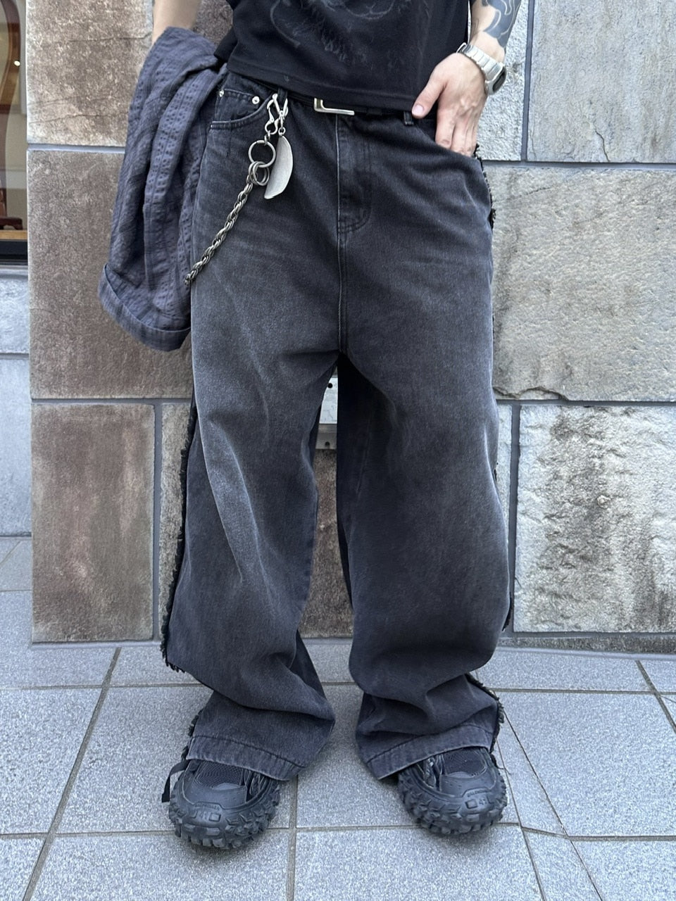 大阪店WEB限定受注制【Chikashitsu +】 fringe wide denim pants / 【チカシツプラス】フリンジワイドデニムパンツ