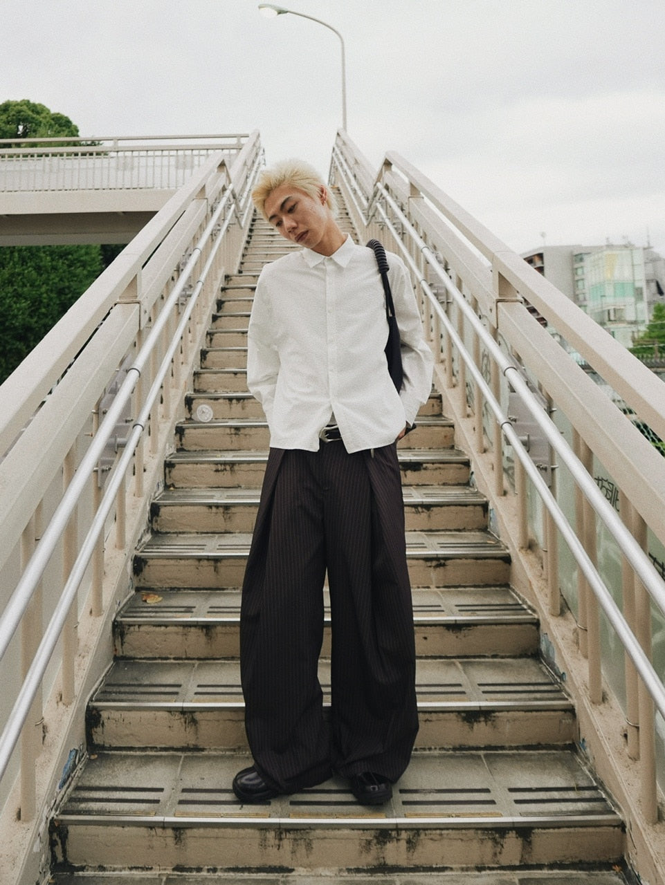 【CS】stripe cross tuck drape slacks (brown)