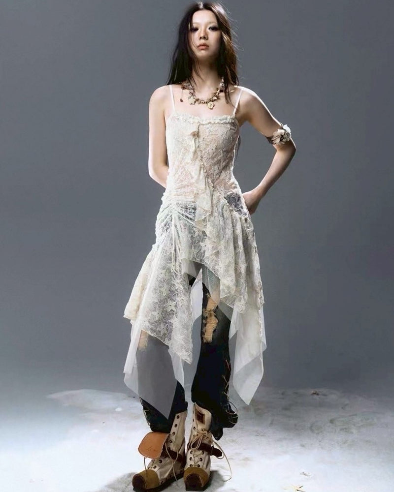 【Cest Nous】Star-Embellished Tulle dress / 【セヌー】レースフリルチュールキャミワンピース
