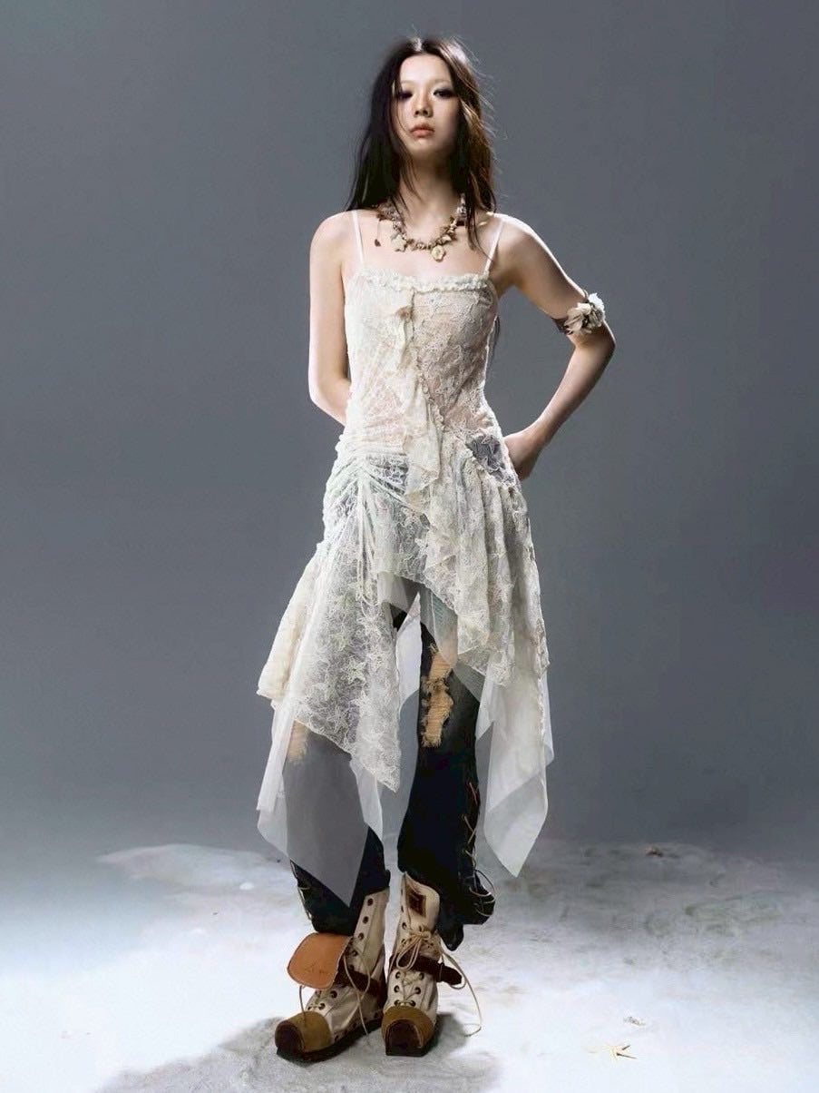 【Cest Nous】Star-Embellished Tulle dress / 【セヌー】レースフリルチュールキャミワンピース