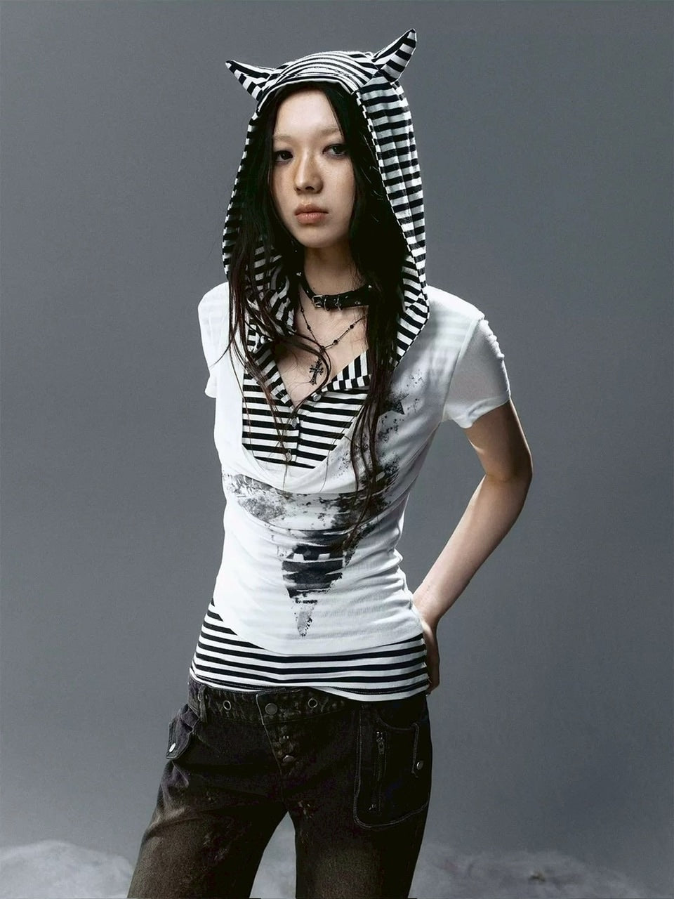 【Cest Nous】Striped Cat-Ear Top / 【セヌー】ボーダーレイヤードキャットイヤー半袖Tシャツ