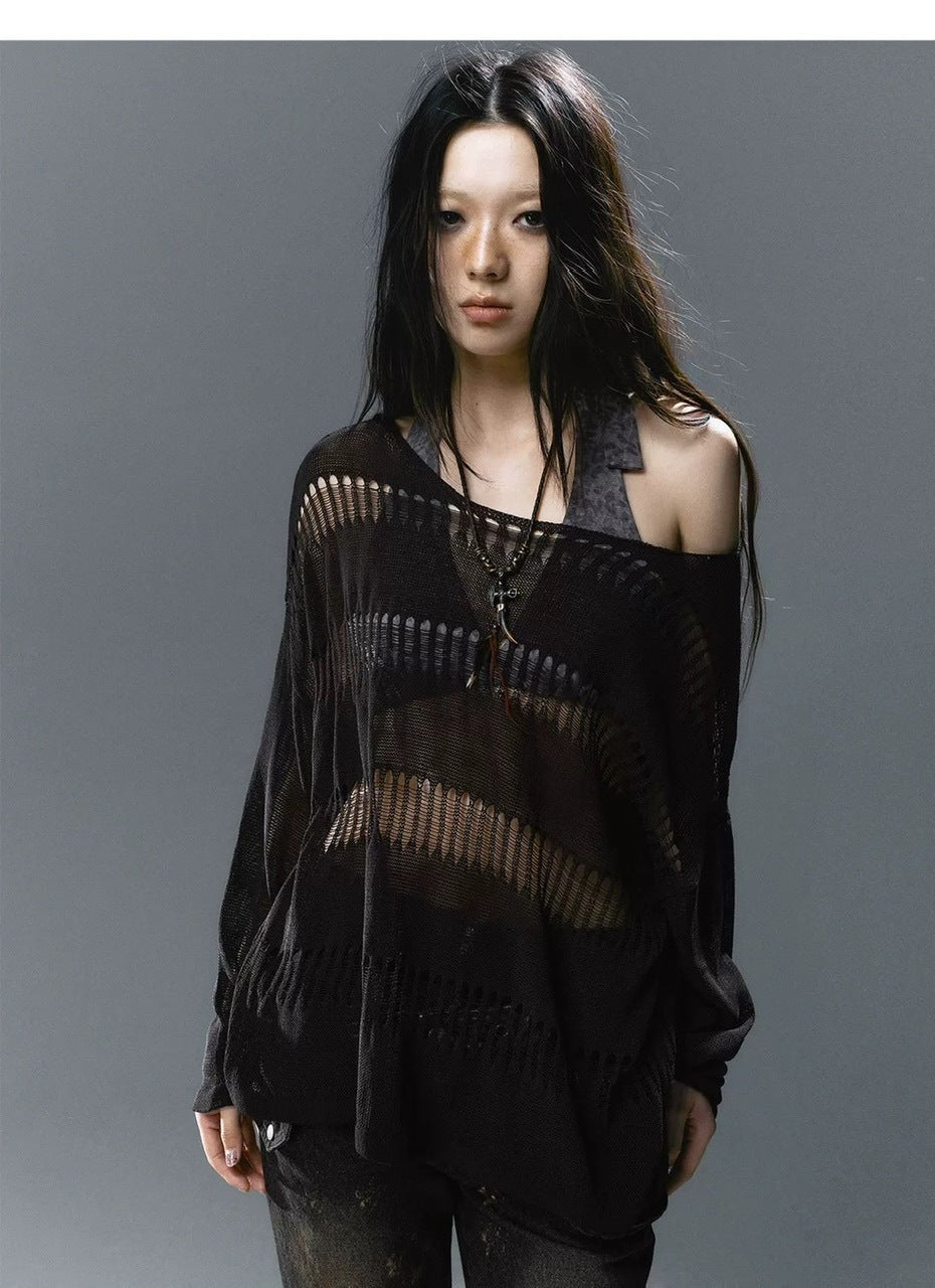 【Cest Nous】Knit Cover-Up / 【セヌー】シースルーボーダーサマーニット長袖Tシャツ