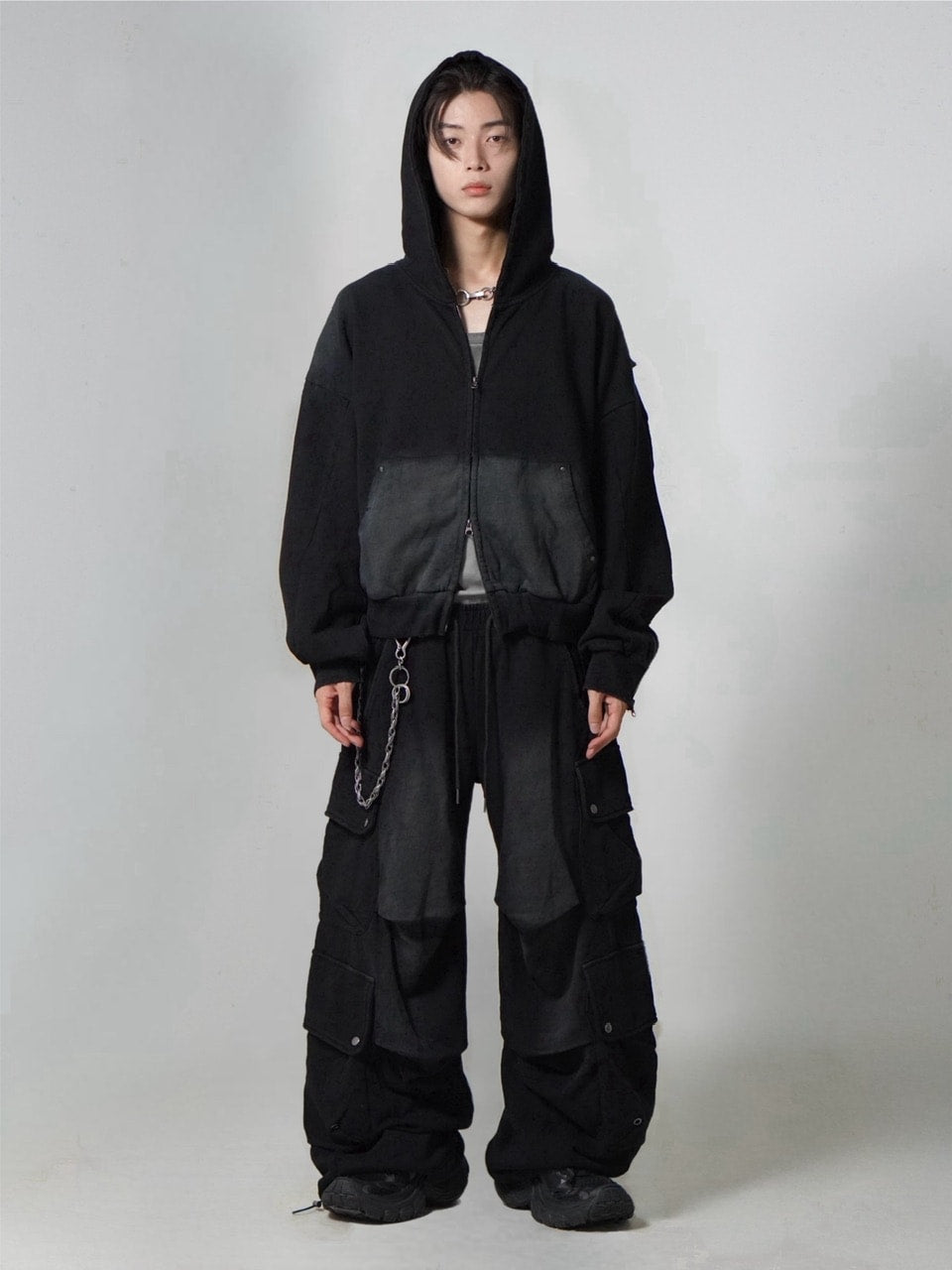 【CHIKASHITSU PLUS HIGH】4 pocket dirty wash sweat cargo pants (wash black) / 【チカシツプラスハイ】マルチポケットダーティーウォッシュスウェットカーゴパンツ