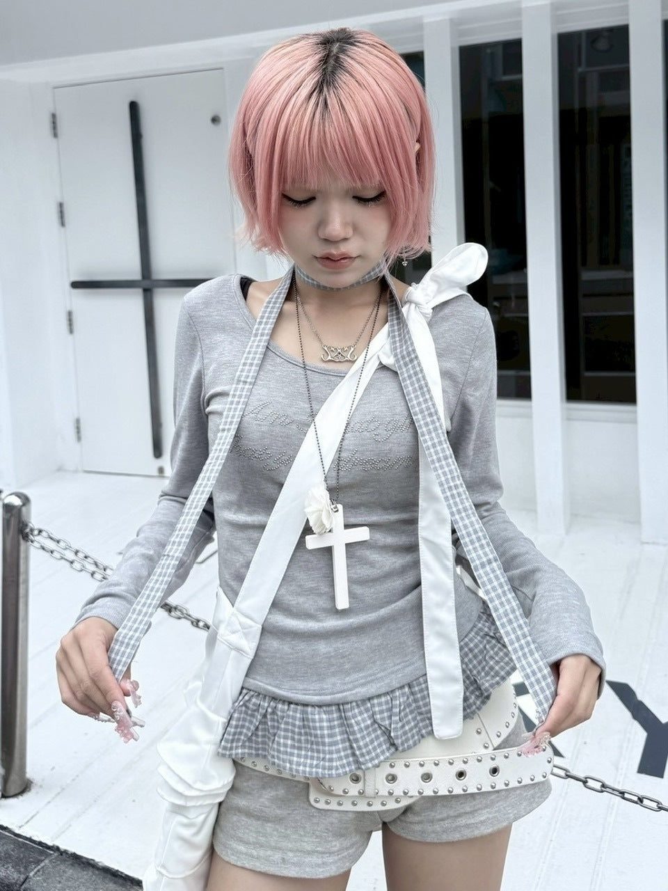 受注制【nmtc +】tie set check lace long sleeve / 【エヌエムティーシープラス】タイ付きチェックレース切り替え長袖Tシャツ (3color)