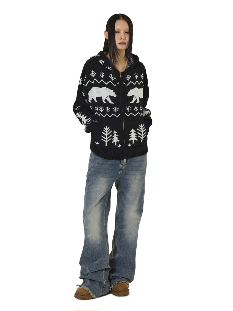 【OY】POLAR BEAR KNIT HOODIE ZIP UP