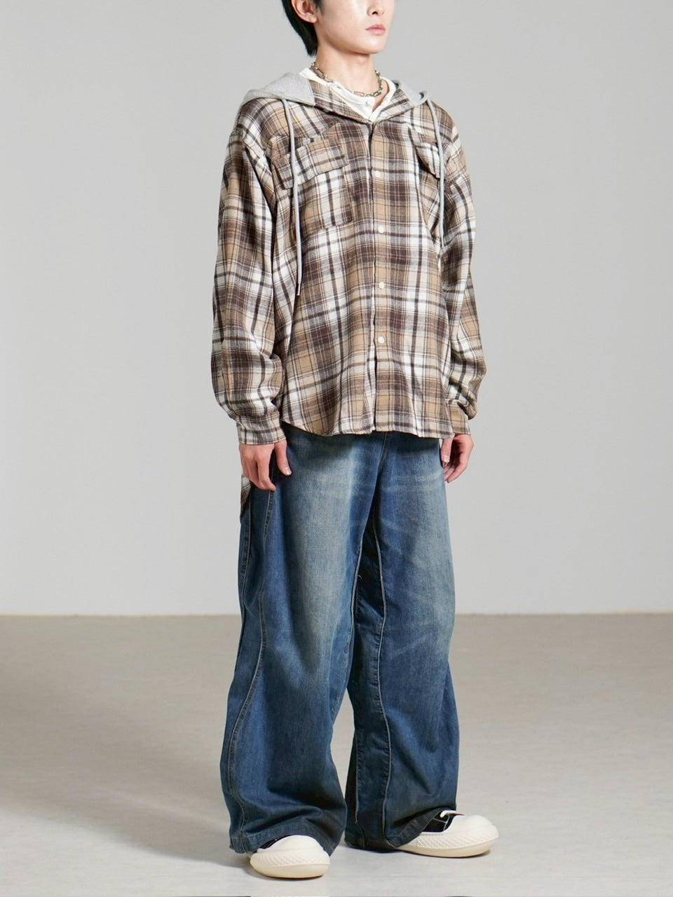 受注制【Chikashitsu +】hood mix check hoodie / 【チカシツプラス】フードミックスチェックパーカー (3color)