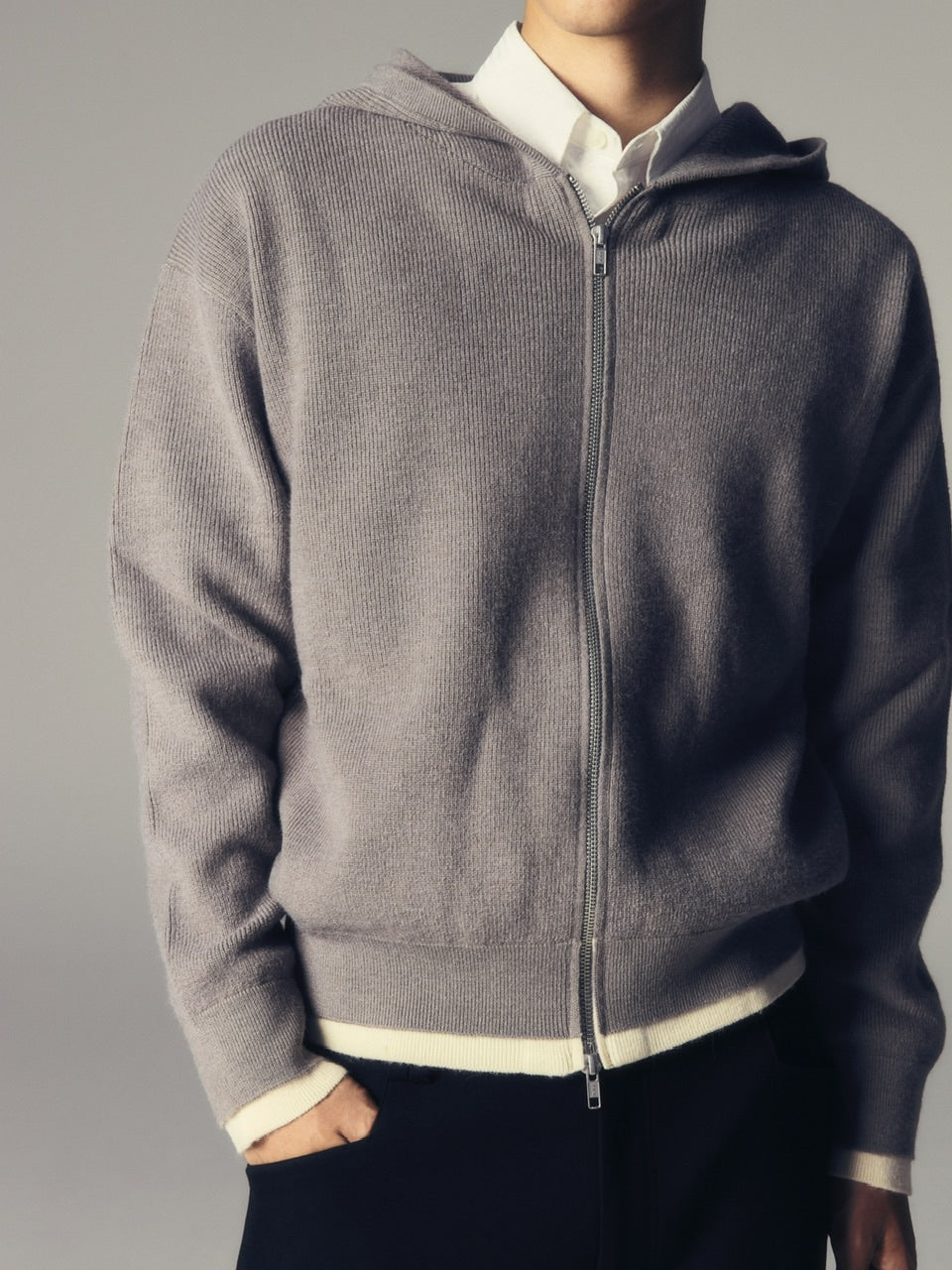 【CS】layered knit zip hoodie (gray) / 【シーエス】レイヤードニットジップフーディー