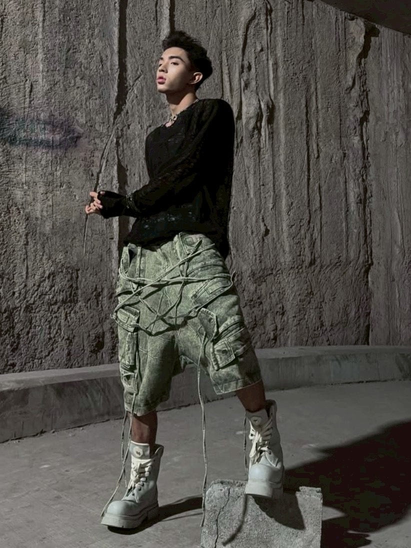 【RICH】Cargo Wide Green Washed Short pants / 【リッチ】ポケットカーゴデニムハーフパンツ