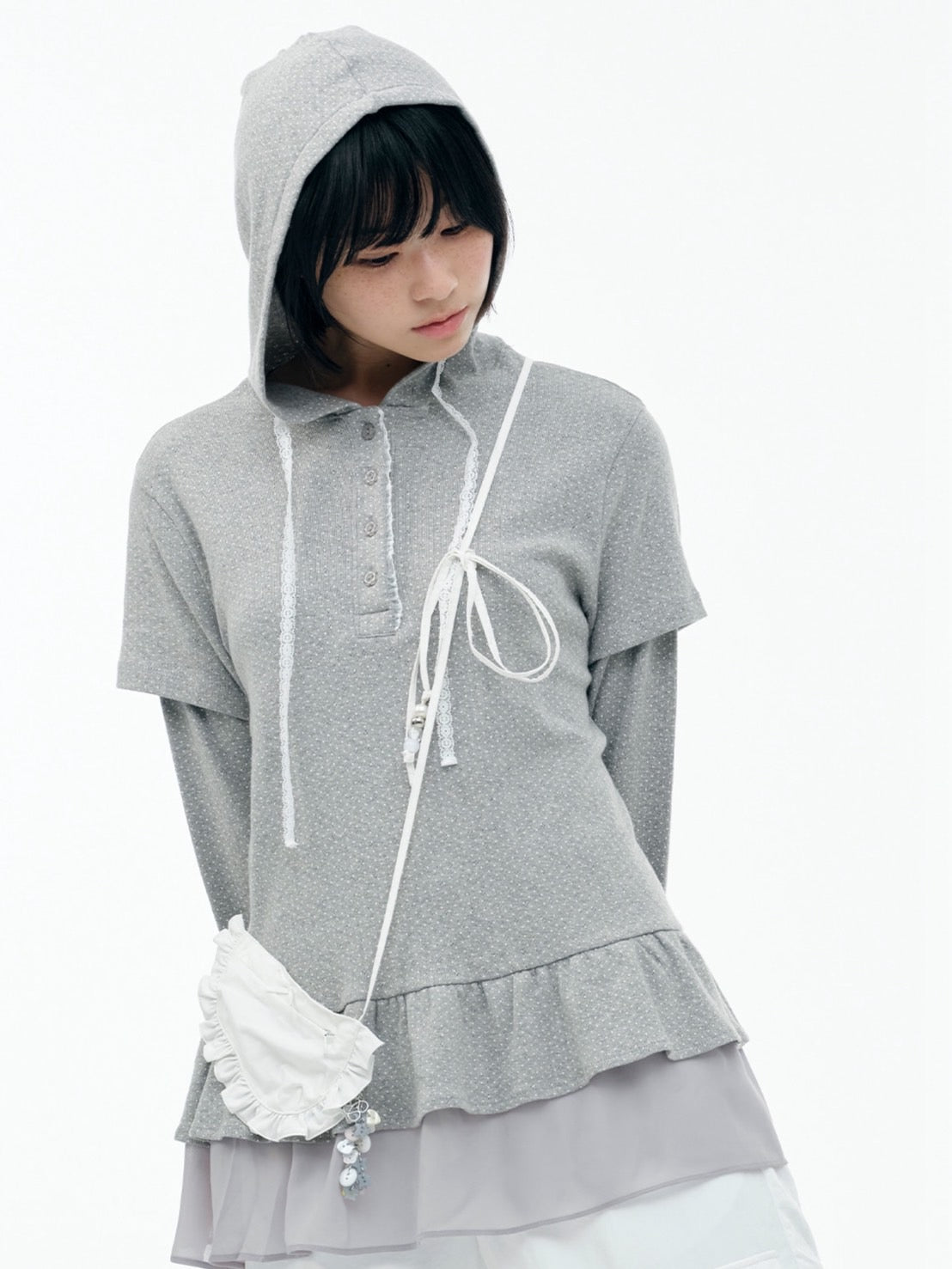 【TUOMIO】FRILL CHIFFON HOODIE / 【トゥオミオ】フリルシフォンフードパーカー
