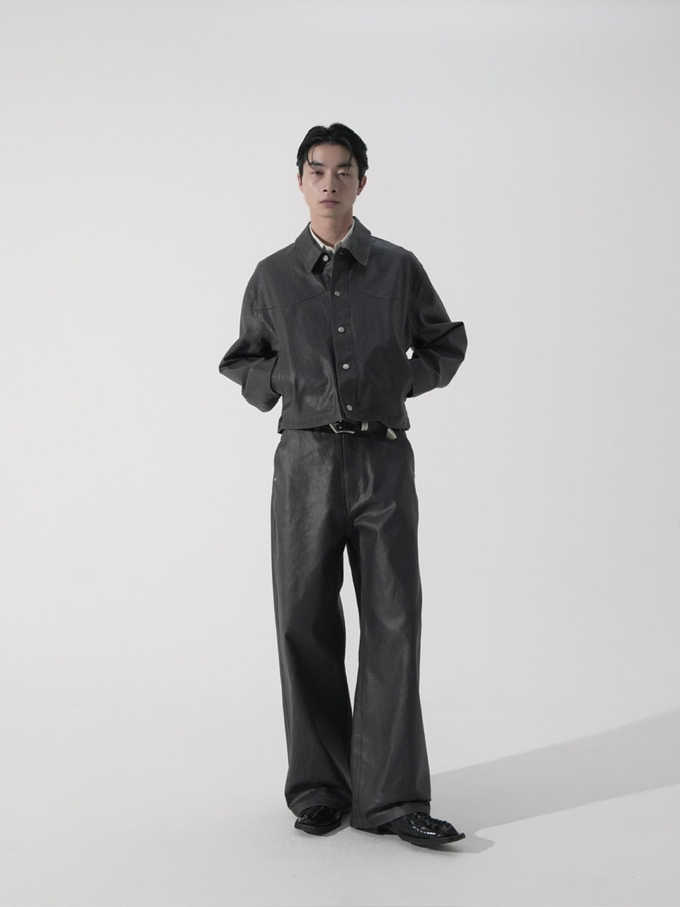 【CS】coated wide denim pants(dark gray)