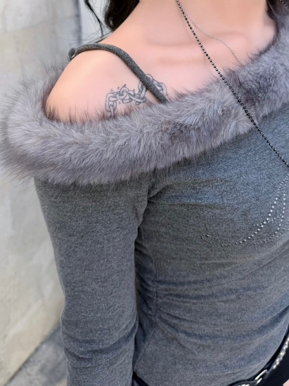 受注制【nmtc +】fur one shoulder long sleeve / 【エヌエムティーシープラス】ファーワンショルダー長袖Tシャツ (3color)