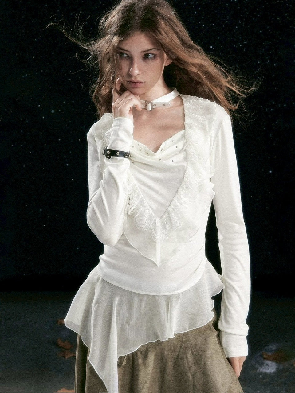 【Cest Nous】Ruffle hem top / 【セヌー】チョーカー付きアシンメトリーフリルトップス