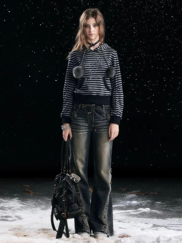 【Cest Nous】Striped cat-ear Striped cat-ear pullover parker / 【セヌー】ボーダーキャットイヤープルオーバーパーカー