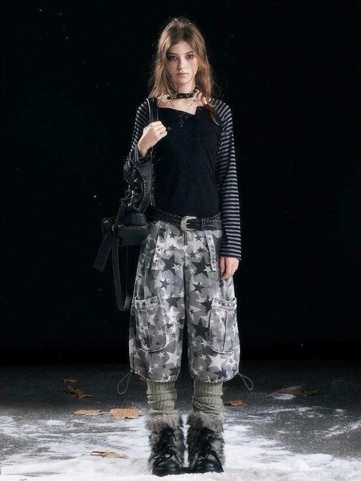 【Cest Nous】Star camouflage capri pants / 【セヌー】スターカモフラージュポケットハーフパンツ