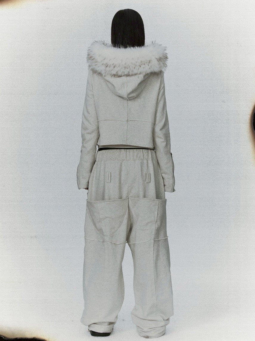 【bonienkiye】Distressed Seam Fur Hood Zip-Up