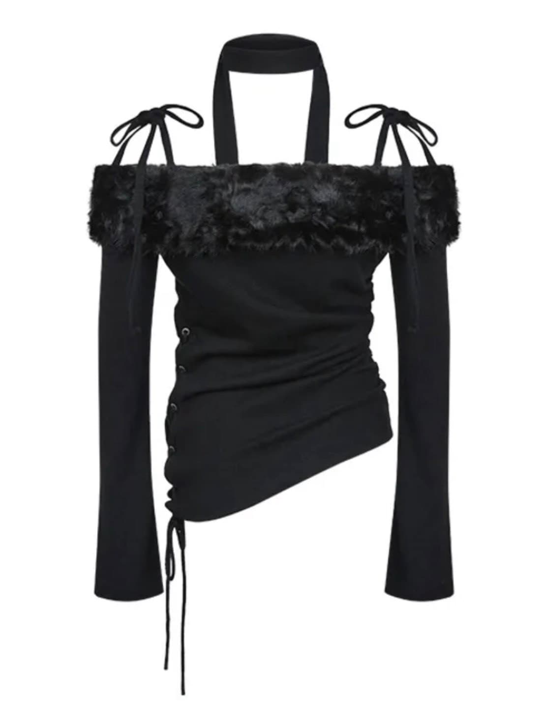 【NOT KNOWING】Fur Off Shoulder Lace Up Top