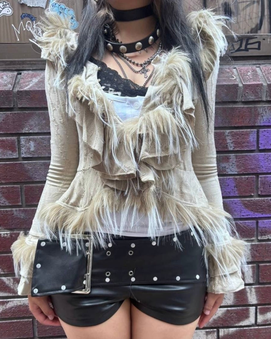 【BABY09】fur damage frill cardigan