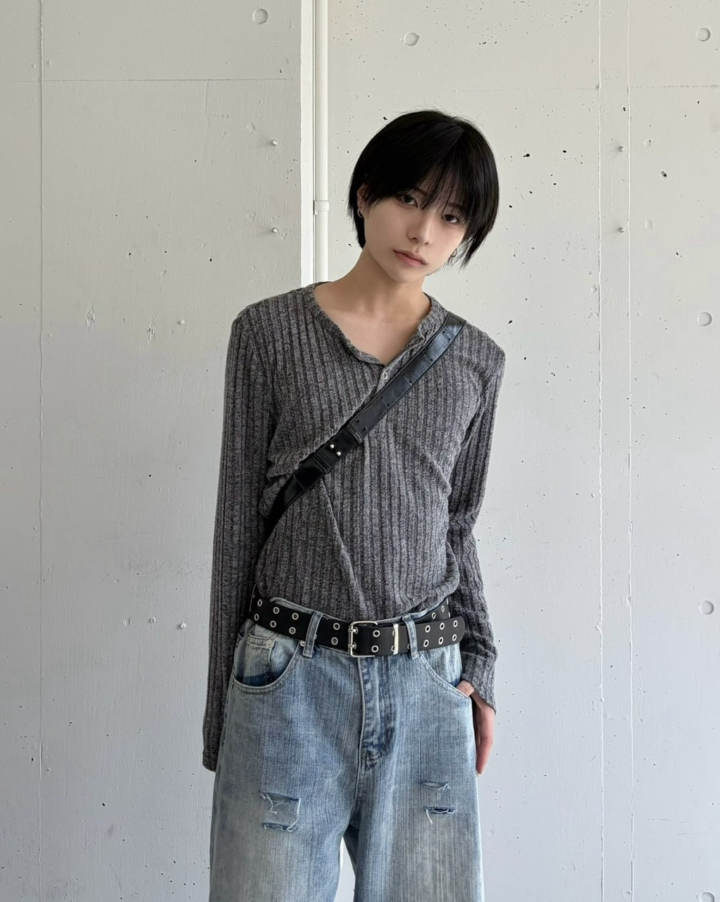 国際配送【LUV CODE】vintage ribbed henley long sleeve