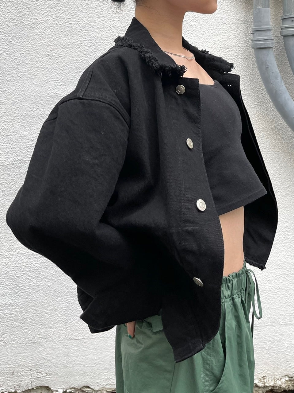受注制【Chikashitsu +】cropped design denim jacket (2color)