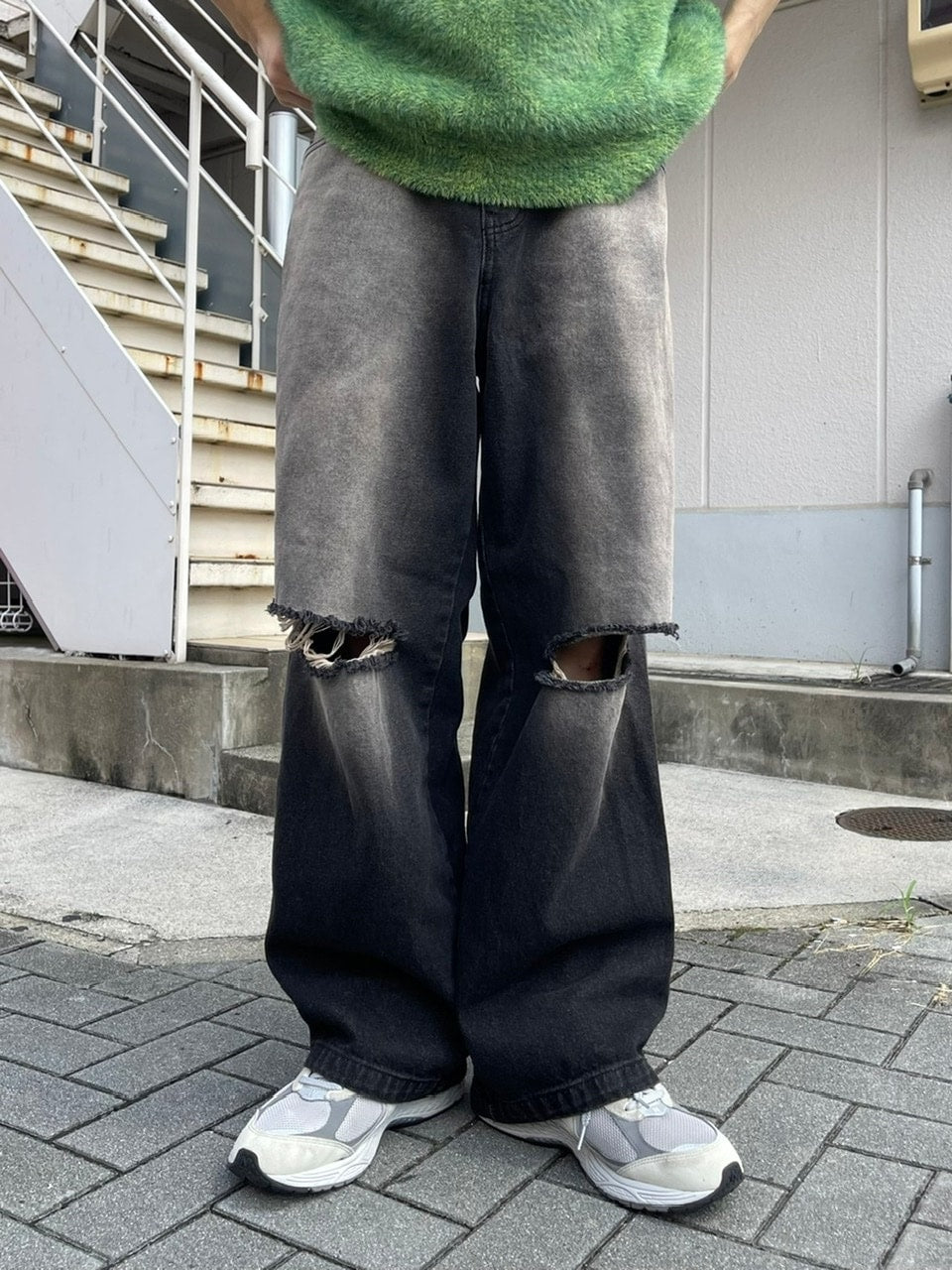 受注制【Chikashitsu +】vintage wash damage denim pants (2color)