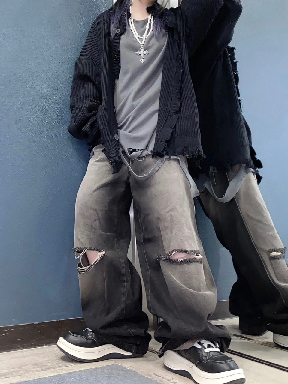 受注制【Never mind the XU】vintage wash damage denim pants (2color)