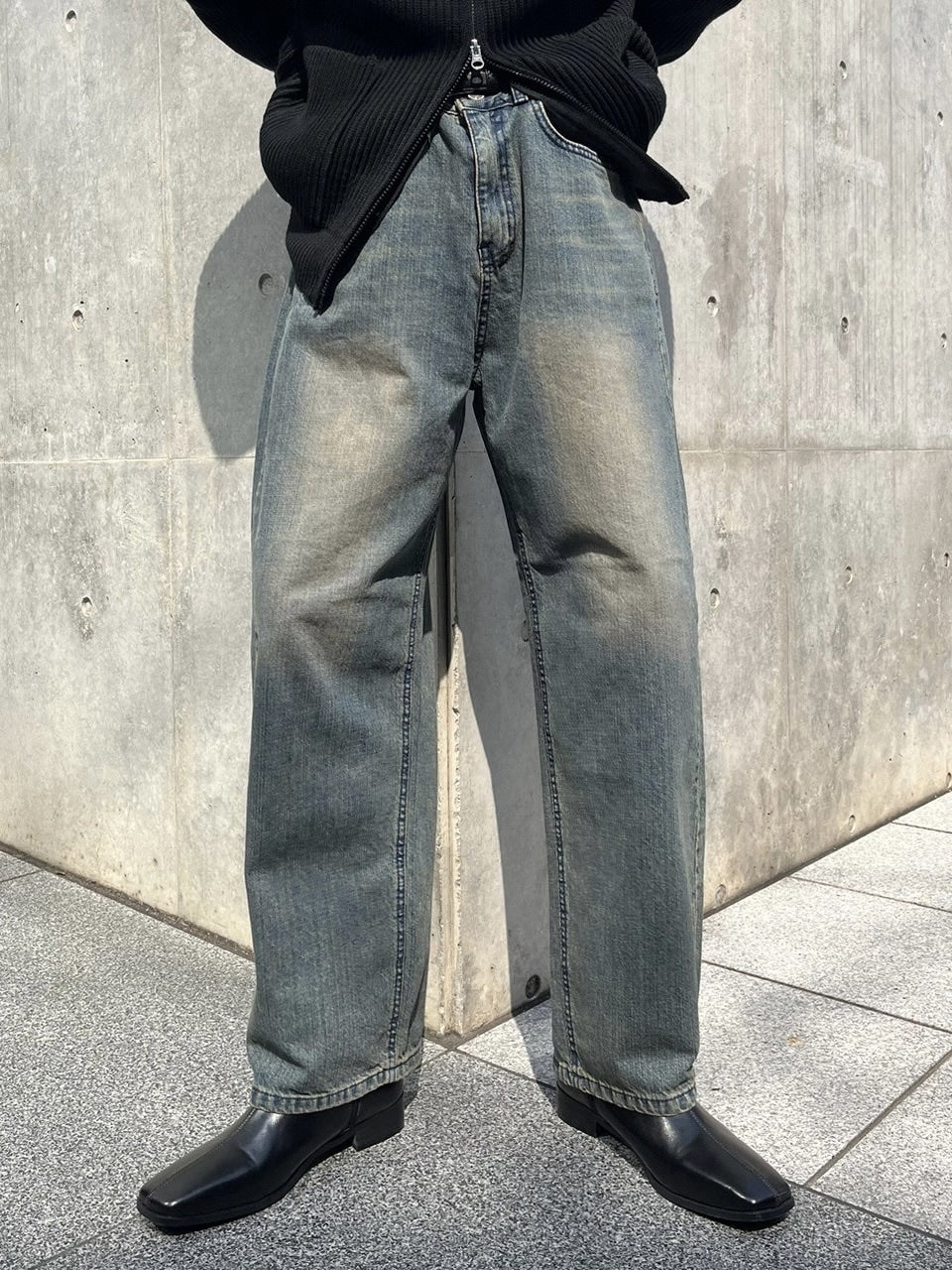 受注制【Chikashitsu +】vintage wash semi wide denim pants