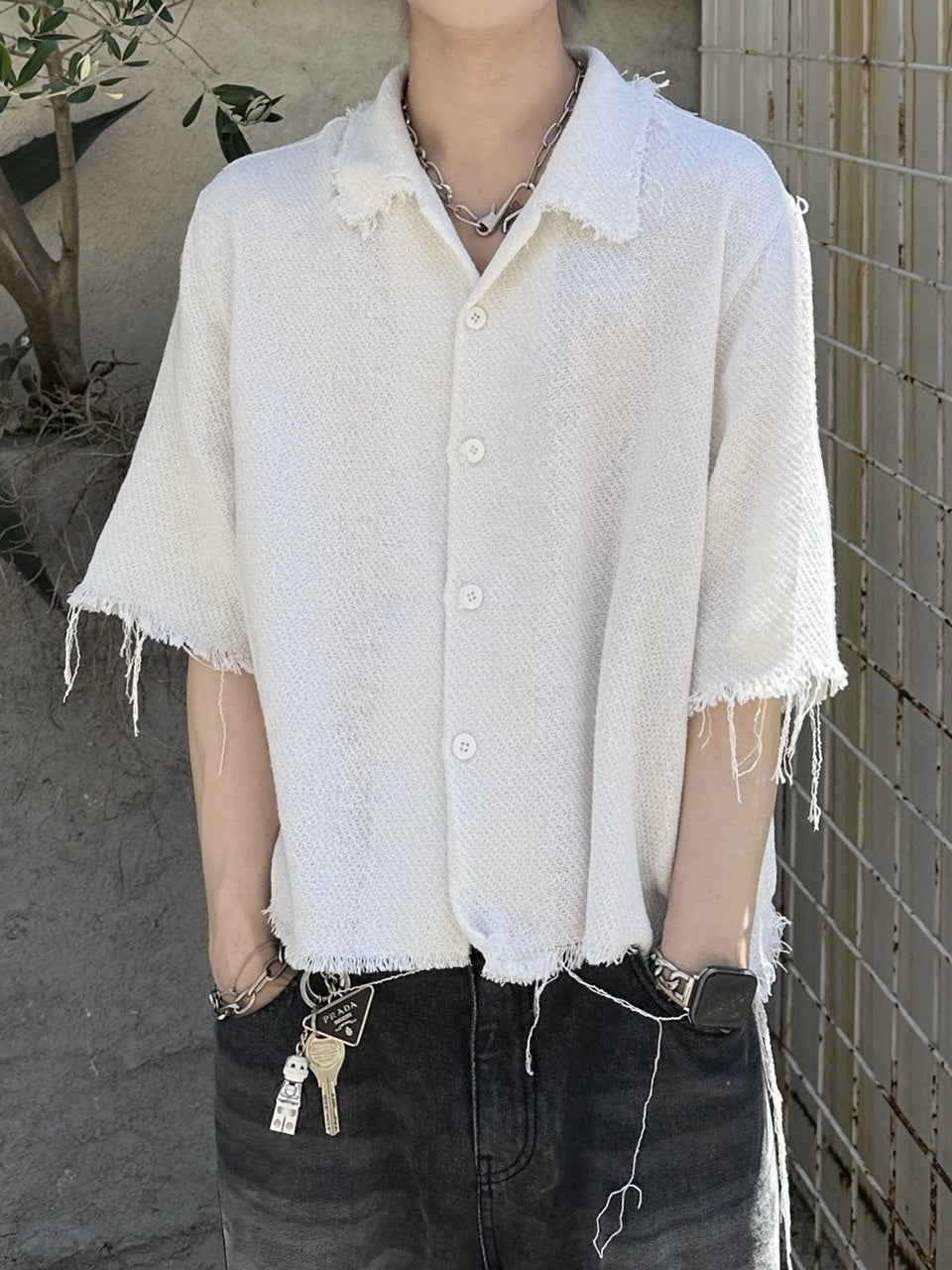 大阪店WEB限定受注制【Chikashitsu +】tweed cropped shirt (2color)