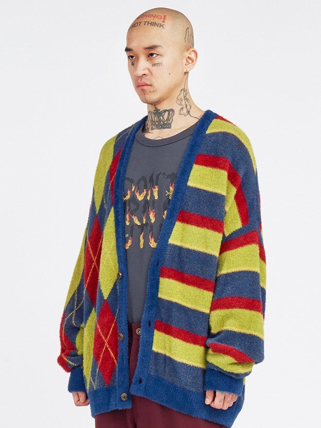 【AJOBYAJO】Argyle Stripe Mixed Cardigan / 【アジョバイアジョ】アーガイルストライプボーダーミックス長袖カーディガン