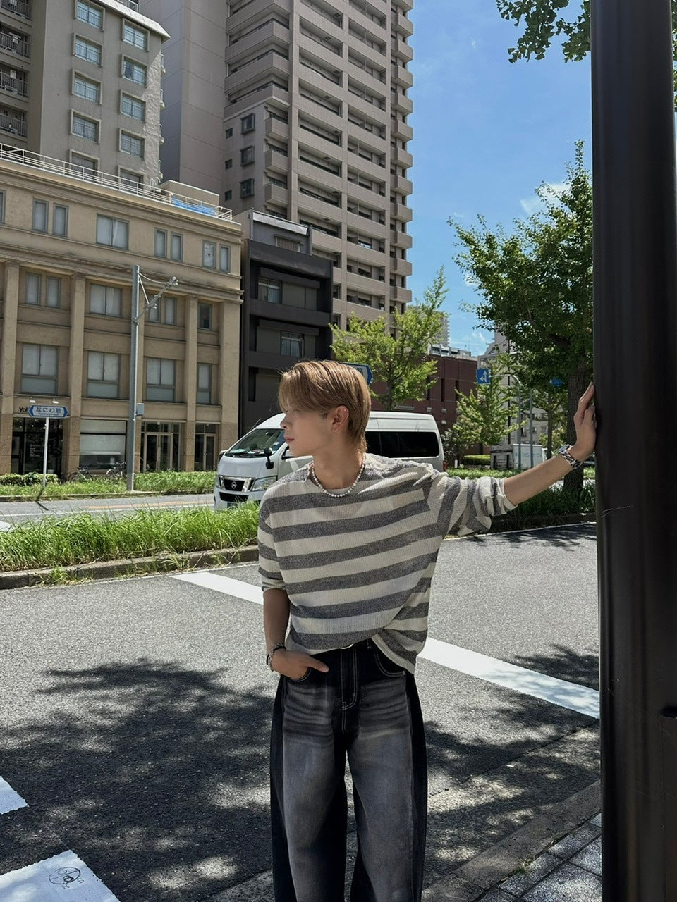 大阪店WEB限定受注制【Chikashitsu +】shoulder snap border knit (2color)