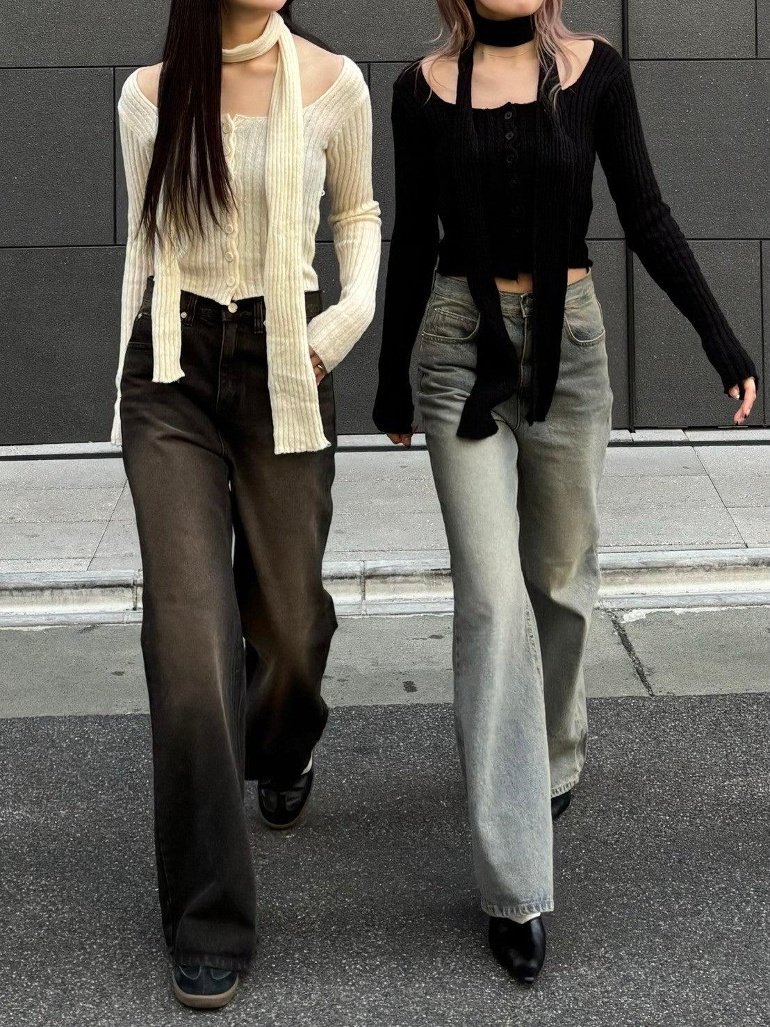 【Chikashitsu + LADIES】scarf set cropped knit tops (2color)
