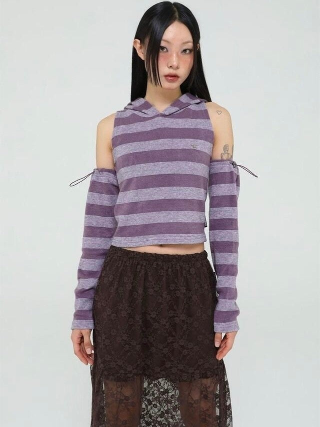 【Uglyshadow】STRIPED HOODED KNIT VEST WARMER SET