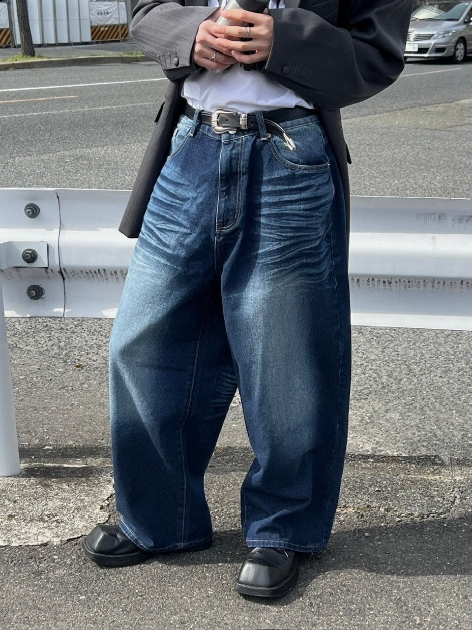 【Chikashitsu +】design washing wide denim pants (2color) / 【チカシツプラス】デザインウォッシングワイドデニムパンツ