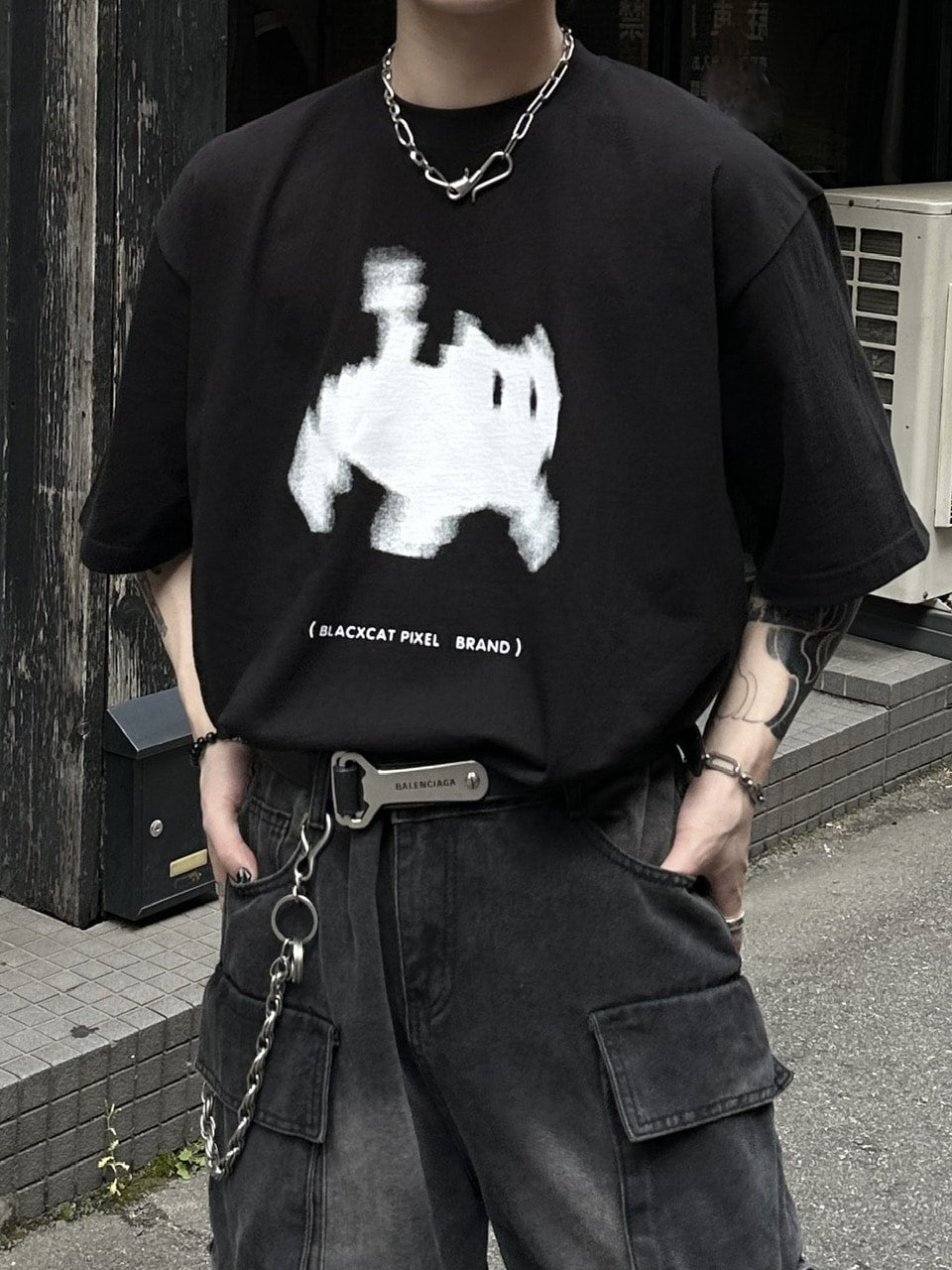 大阪店WEB限定【Chikashitsu +】oversized pixel cats t-shirt (2color)