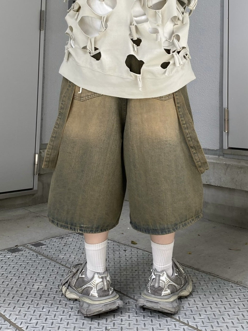 受注制【Never mind the XU】strap denim half pants (2color)