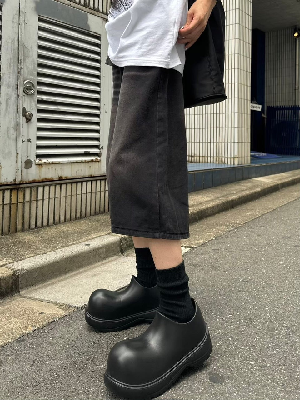 【Chikashitsu +】vintage wash wide denim half pants (2color)