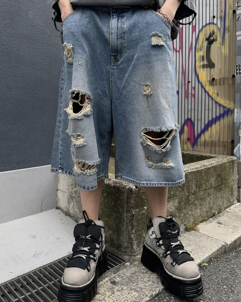 受注制【Never mind the XU】damage denim shorts 2 (2color)