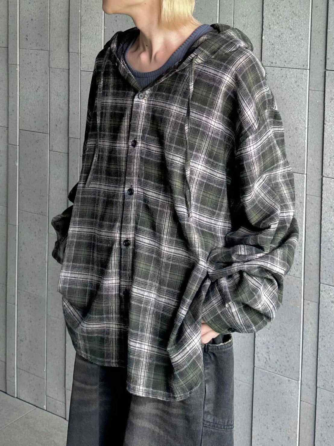受注制【Chikashitsu +】glen check hooded shirt (2color) / 【チカシツプラス】グレンチェックフード長袖シャツ