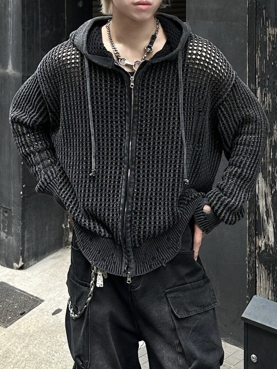大阪店WEB限定受注制【Chikashitsu +】mesh zip damage hoodie (2color) / 【チカシツプラス】メッシュダメージジップアップ長袖パーカー