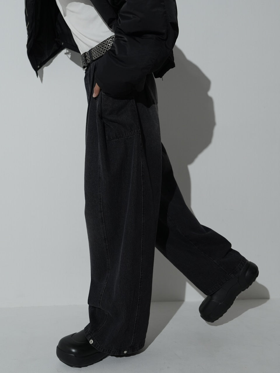 【CS】side tuck drape denim pants (black)